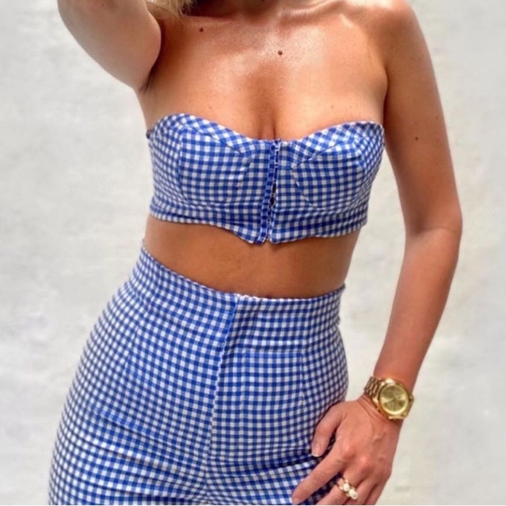 ZARA BLUE AND WHITE GINGHAM TOP AND PANTS XS
